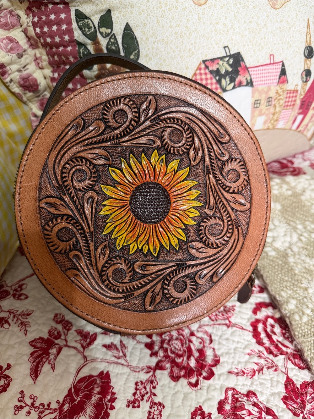 Round Tooled Leather Sunflower Trunk Bag - Brown & Yellow